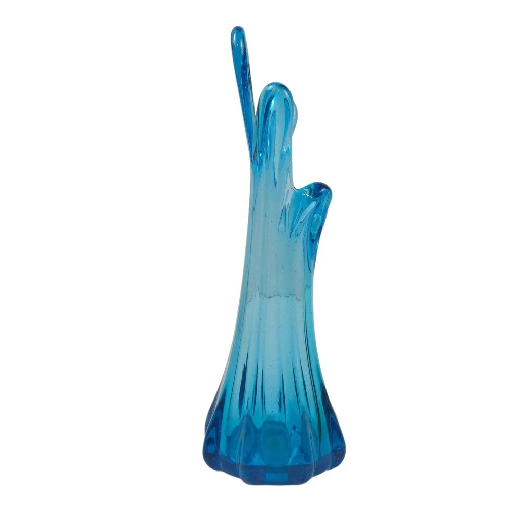 Vintage 60s Art Glass 5 Finger Swung Vase MCM Hand Blown Blue 9